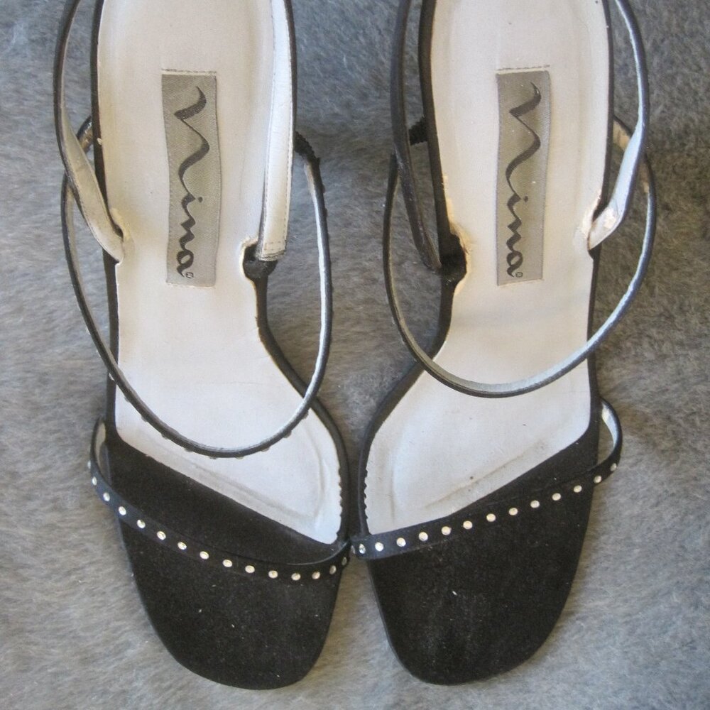NINA STANDISH BLACK SATIN WITH  RHINESTONES HEELS 9.5 $79.00
